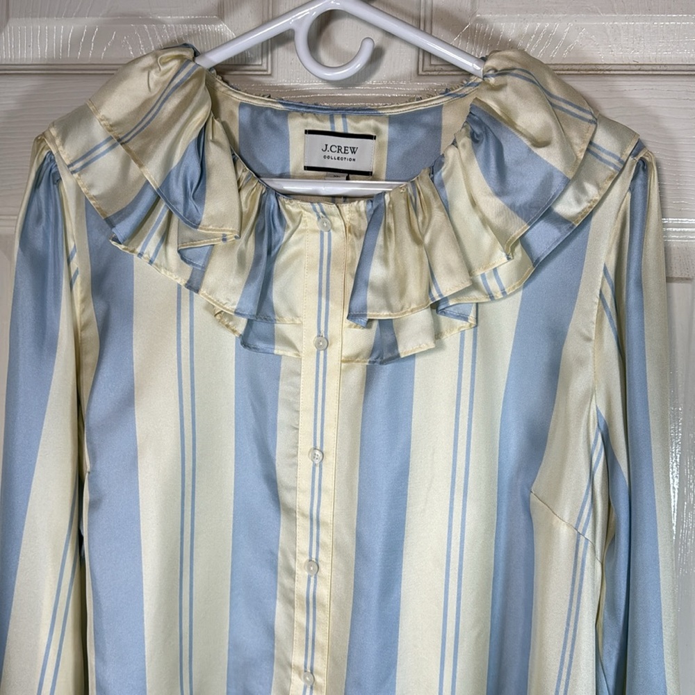 J. Crew Collection Silk Ruffle Stripe Long Sleeves Button Down Size XL - Picture 3 of 8
